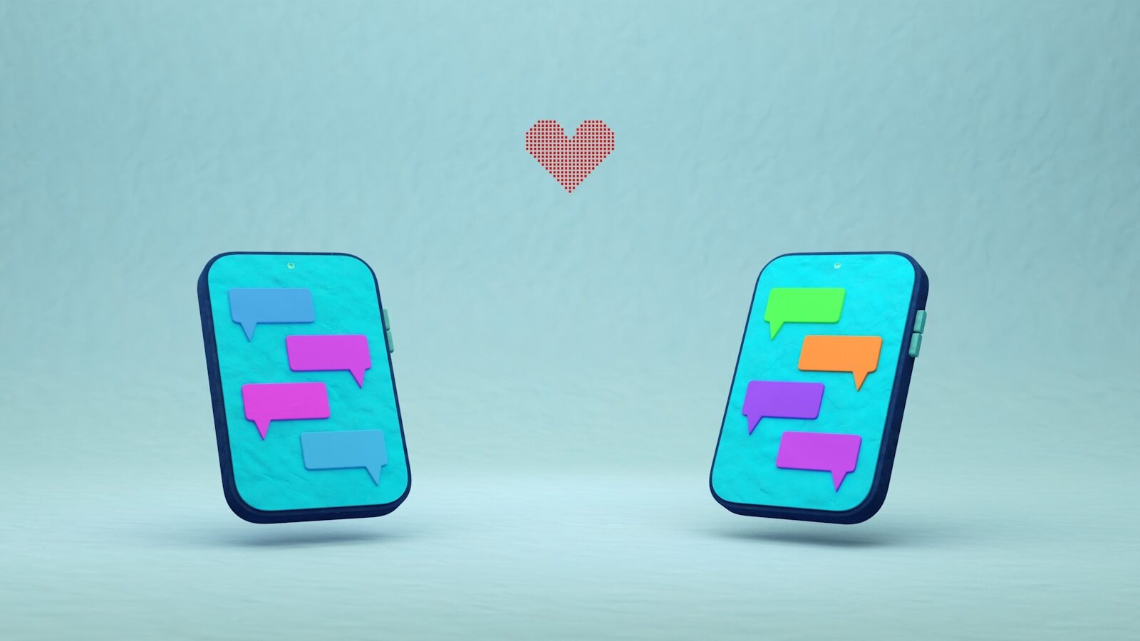 Two phones with chat bubbles and a red heart.
